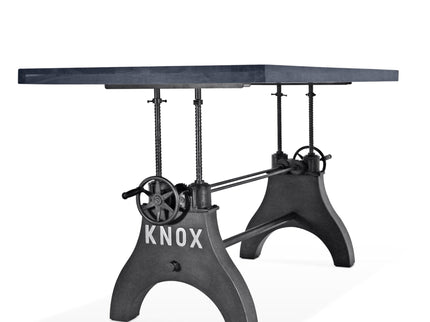 KNOX Adjustable Height Dining Table - Cast Iron Crank Base - Gray Top - Rustic Deco