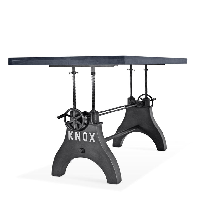 KNOX Adjustable Height Dining Table - Cast Iron Crank Base - Gray Top - Rustic Deco