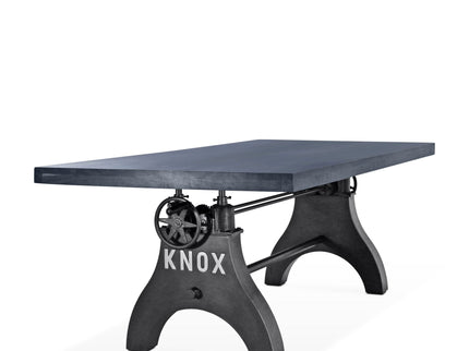 KNOX Adjustable Height Dining Table - Cast Iron Crank Base - Gray Top - Rustic Deco
