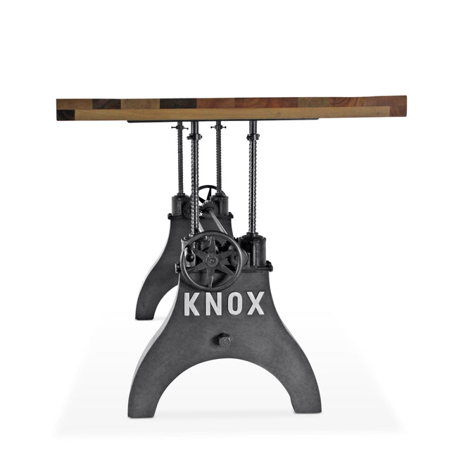 KNOX Adjustable Height Dining Table - Cast Iron Crank Base - Natural Rustic - Rustic Deco