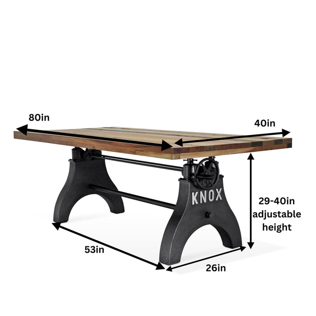 KNOX Adjustable Height Dining Table - Cast Iron Crank Base - Natural Rustic - Rustic Deco