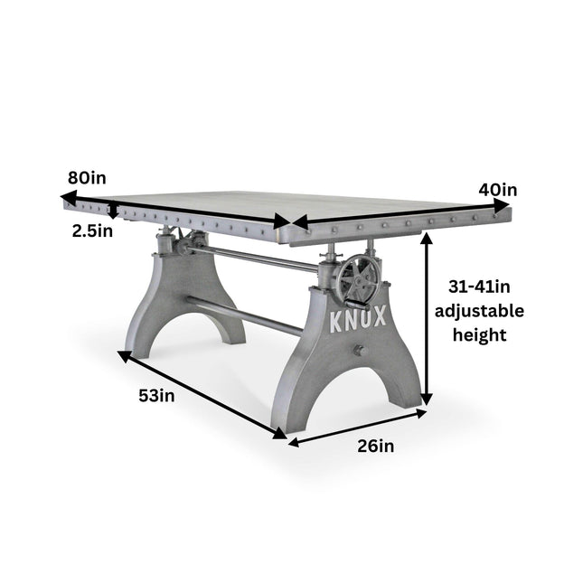 KNOX Adjustable Height Dining Table - Cast Iron Crank Base - Steel Top - Rustic Deco