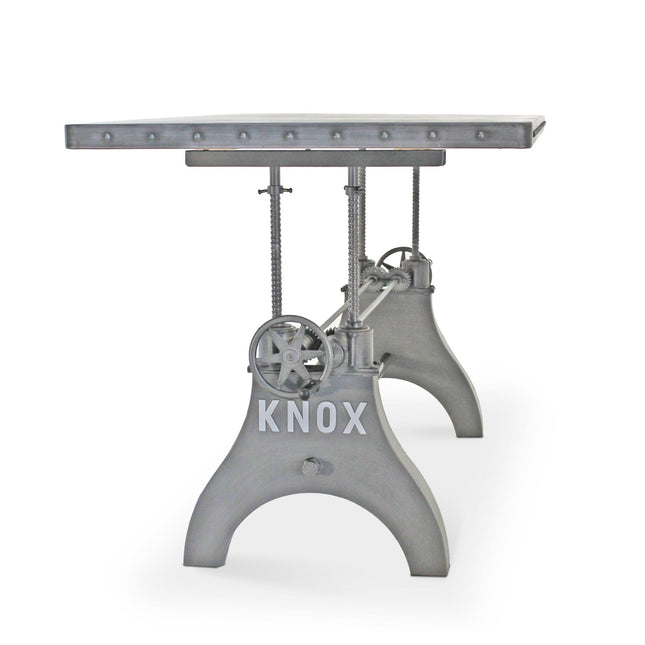 KNOX Adjustable Height Dining Table - Cast Iron Crank Base - Steel Top - Rustic Deco