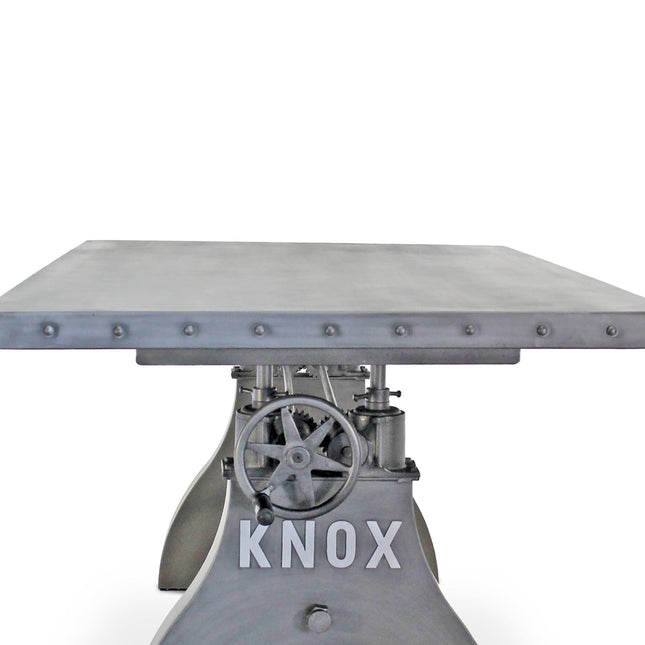 KNOX Adjustable Height Dining Table - Cast Iron Crank Base - Steel Top - Rustic Deco