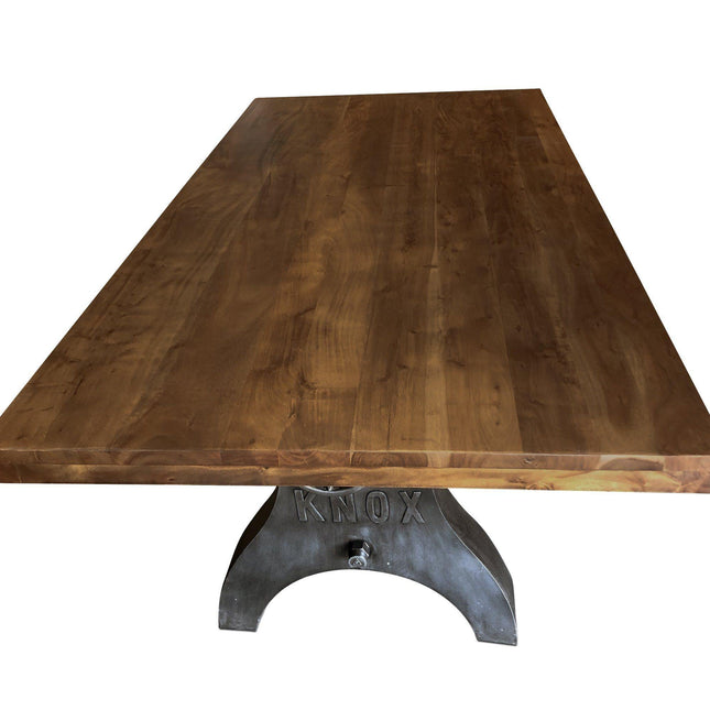 KNOX Adjustable Height Dining Table - Cast Iron Crank Base - Walnut Top - Rustic Deco