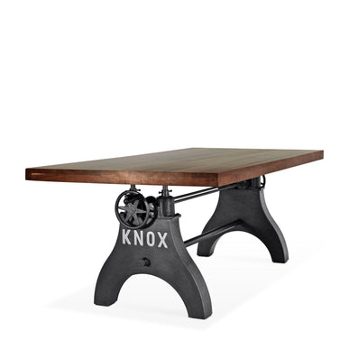 KNOX Adjustable Height Dining Table - Cast Iron Crank Base - Walnut Top - Rustic Deco