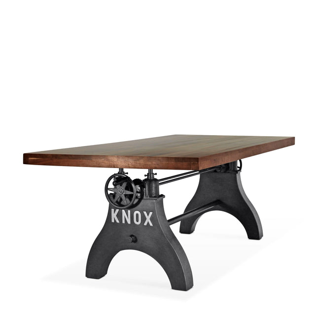 KNOX Adjustable Height Dining Table - Cast Iron Crank Base - Walnut Top - Rustic Deco