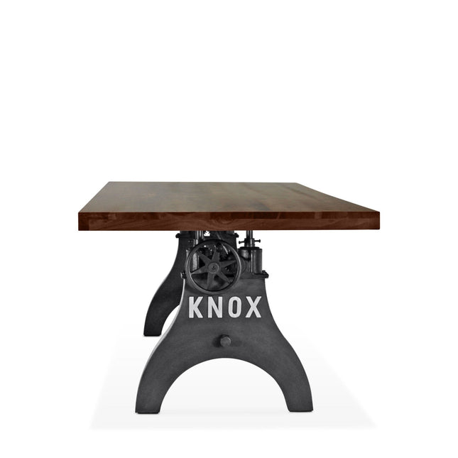 KNOX Adjustable Height Dining Table - Cast Iron Crank Base - Walnut Top - Rustic Deco