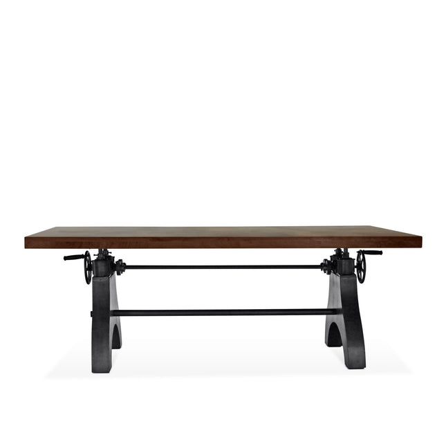 KNOX Adjustable Height Dining Table - Cast Iron Crank Base - Walnut Top - Rustic Deco