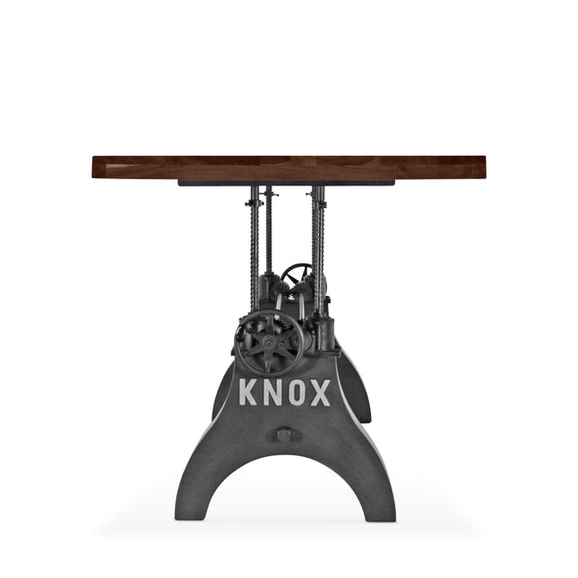 KNOX Adjustable Height Dining Table - Cast Iron Crank Base - Walnut Top - Rustic Deco