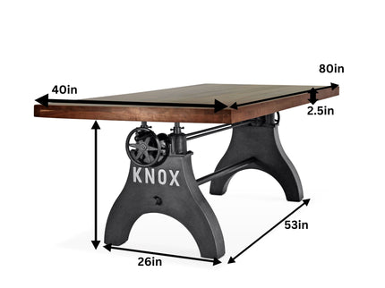 KNOX Adjustable Height Dining Table - Cast Iron Crank Base - Walnut Top - Rustic Deco