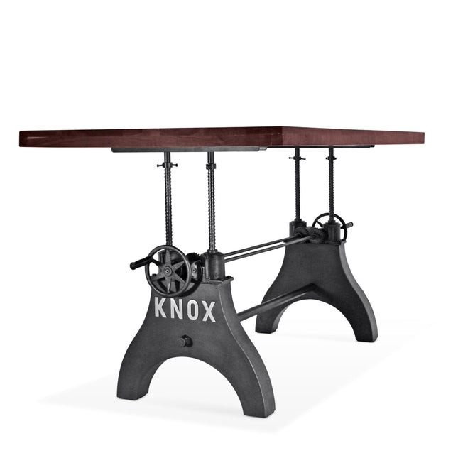 KNOX Adjustable Height Dining Table - Cast Iron Crank Base - Walnut Top - Rustic Deco