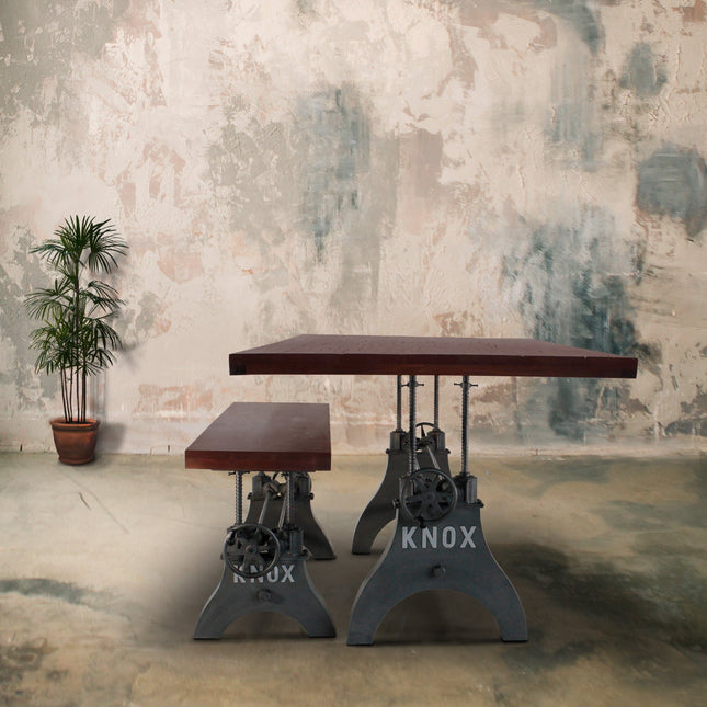 KNOX Adjustable Height Dining Table - Iron Base - 8ft Rustic Mahogany Top - Rustic Deco