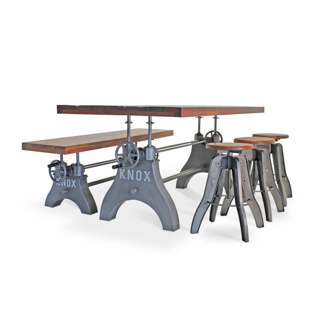 KNOX Industrial Dining Table Set - Bench and 3 Stools - Wooden Seats - Rustic Deco