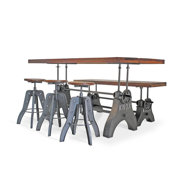 KNOX Industrial Dining Table Set - Bench and 3 Stools - Wooden Seats - Rustic Deco