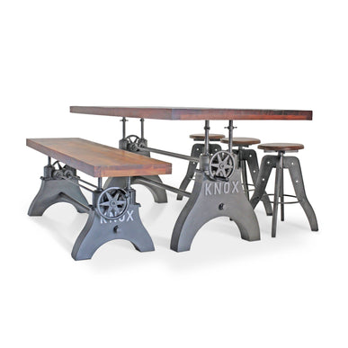 KNOX Industrial Dining Table Set - Bench and 3 Stools - Wooden Seats - Rustic Deco