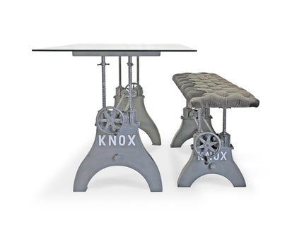 KNOX Industrial Dining Table Set - Matching Bench - Gray Velvet Cushion - Rustic Deco