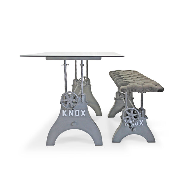 KNOX Industrial Dining Table Set - Matching Bench - Gray Velvet Cushion - Rustic Deco