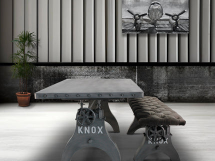 KNOX Industrial Dining Table Set - Matching Bench - Gray Velvet Cushion - Rustic Deco