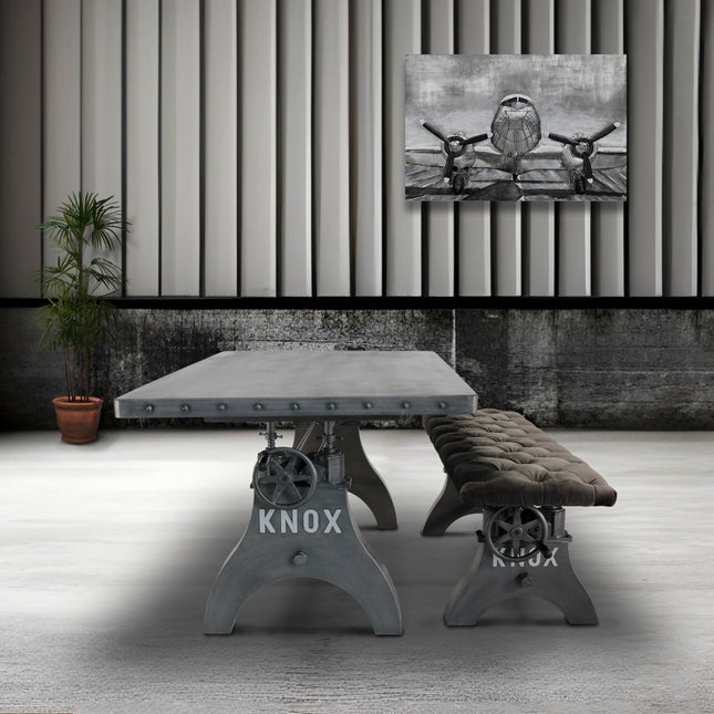 KNOX Industrial Dining Table Set - Matching Bench - Gray Velvet Cushion - Rustic Deco