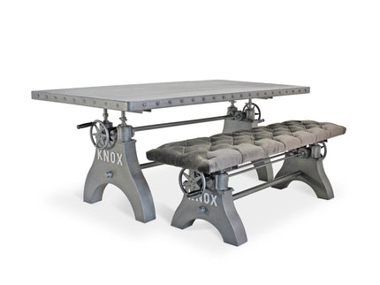 KNOX Industrial Dining Table Set - Matching Bench - Gray Velvet Cushion - Rustic Deco