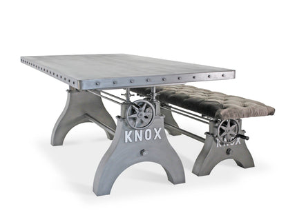 KNOX Industrial Dining Table Set - Matching Bench - Gray Velvet Cushion - Rustic Deco