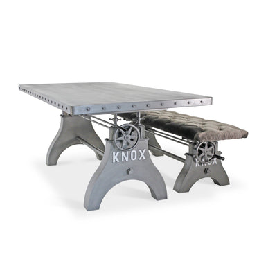 KNOX Industrial Dining Table Set - Matching Bench - Gray Velvet Cushion - Rustic Deco