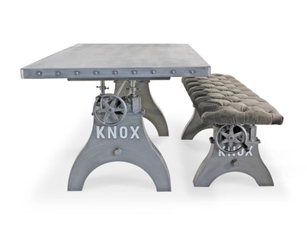 KNOX Industrial Dining Table Set - Matching Bench - Gray Velvet Cushion - Rustic Deco