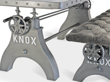 KNOX Industrial Dining Table Set - Matching Bench - Gray Velvet Cushion - Rustic Deco