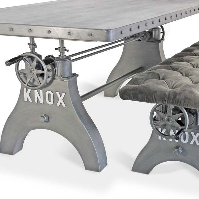 KNOX Industrial Dining Table Set - Matching Bench - Gray Velvet Cushion - Rustic Deco