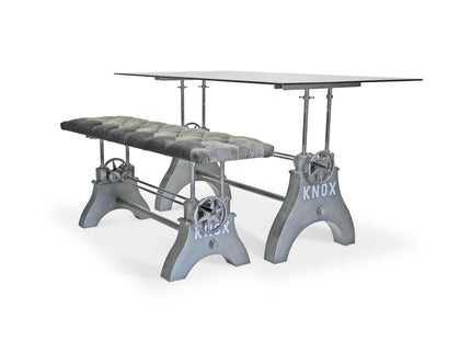 KNOX Industrial Dining Table Set - Matching Bench - Gray Velvet Cushion - Rustic Deco