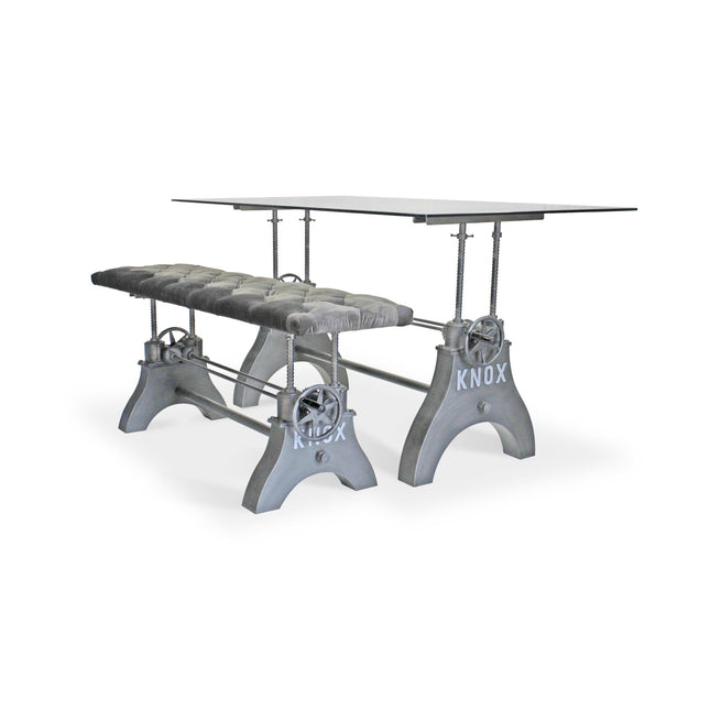 KNOX Industrial Dining Table Set - Matching Bench - Gray Velvet Cushion - Rustic Deco