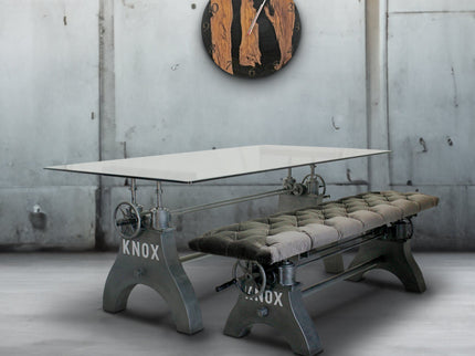 KNOX Industrial Dining Table Set - Matching Bench - Gray Velvet Cushion - Rustic Deco