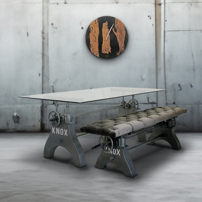 KNOX Industrial Dining Table Set - Matching Bench - Gray Velvet Cushion - Rustic Deco
