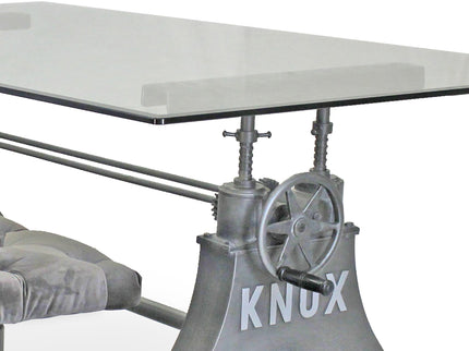 KNOX Industrial Dining Table Set - Matching Bench - Gray Velvet Cushion - Rustic Deco