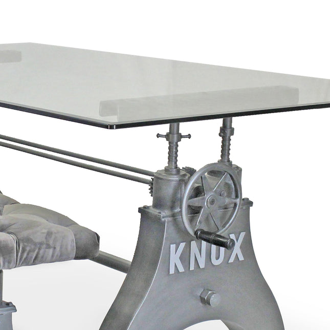 KNOX Industrial Dining Table Set - Matching Bench - Gray Velvet Cushion - Rustic Deco