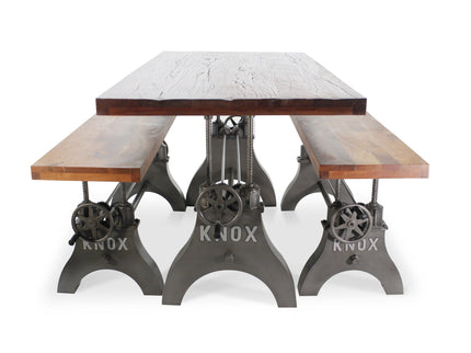 KNOX Industrial Dining Table Set - Two Matching Benches - Wooden Benchtop - Rustic Deco