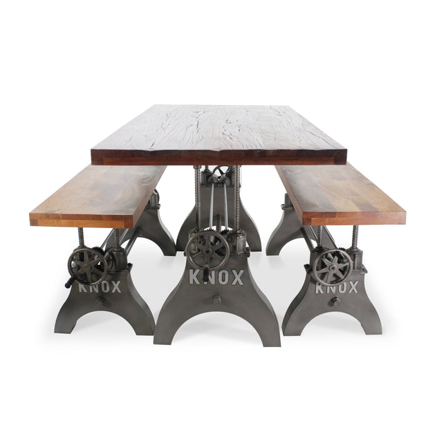 KNOX Industrial Dining Table Set - Two Matching Benches - Wooden Benchtop - Rustic Deco