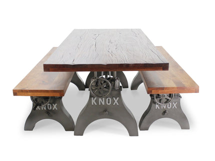 KNOX Industrial Dining Table Set - Two Matching Benches - Wooden Benchtop - Rustic Deco
