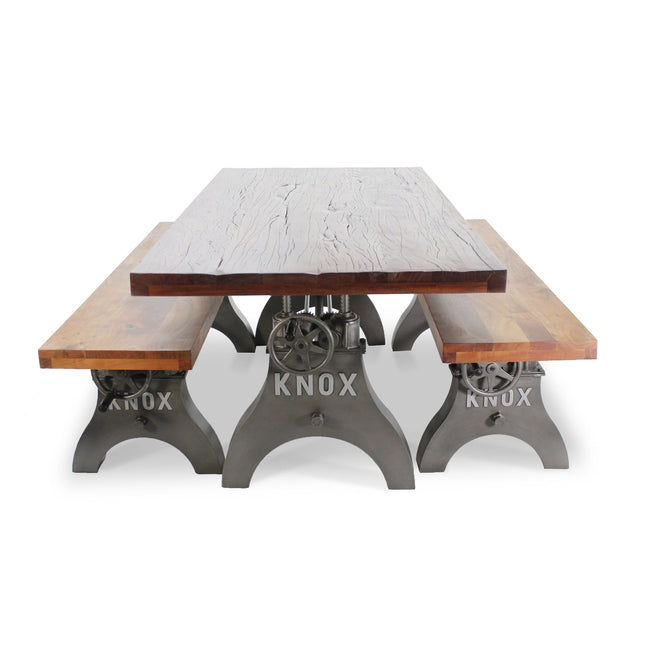 KNOX Industrial Dining Table Set - Two Matching Benches - Wooden Benchtop - Rustic Deco