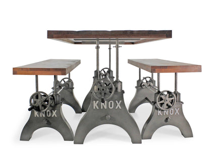 KNOX Industrial Dining Table Set - Two Matching Benches - Wooden Benchtop - Rustic Deco