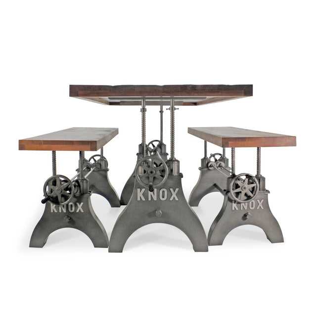 KNOX Industrial Dining Table Set - Two Matching Benches - Wooden Benchtop - Rustic Deco