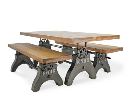 KNOX Industrial Dining Table Set - Two Matching Benches - Wooden Benchtop - Rustic Deco