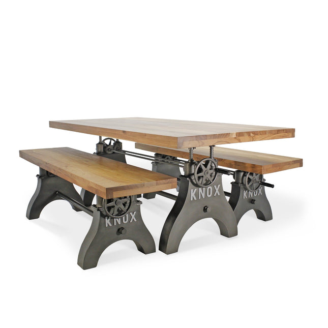 KNOX Industrial Dining Table Set - Two Matching Benches - Wooden Benchtop - Rustic Deco