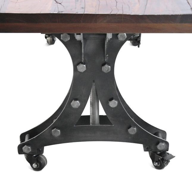 Longeron Industrial Dining Table - Adjustable - Casters - Rustic Mahogany - Rustic Deco