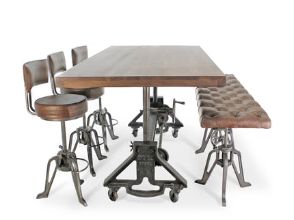 OTIS Industrial Dining Table Set - Bench and 3 Chairs - Leather Cushions - Rustic Deco