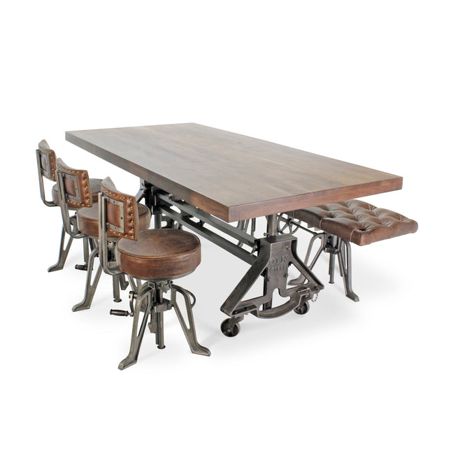 OTIS Industrial Dining Table Set - Bench and 3 Chairs - Leather Cushions - Rustic Deco