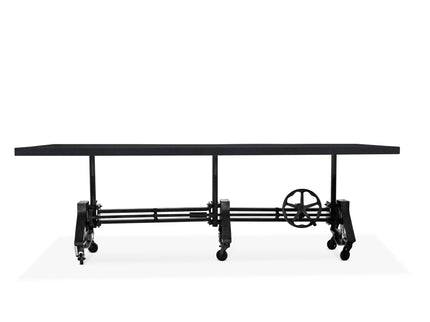 Otis Steel Communal Table - Adjustable Height - Iron Crank - Casters - Ebony Top - Rustic Deco