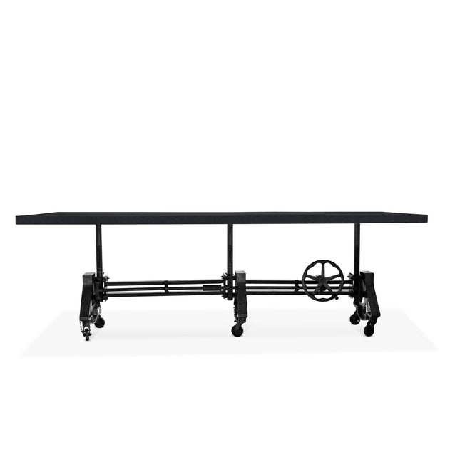 Otis Steel Communal Table - Adjustable Height - Iron Crank - Casters - Ebony Top - Rustic Deco
