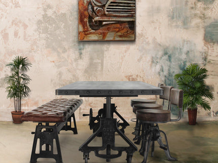 Otis Steel Dining Table - Adjustable Height - Casters - Metal Top - Rustic Deco